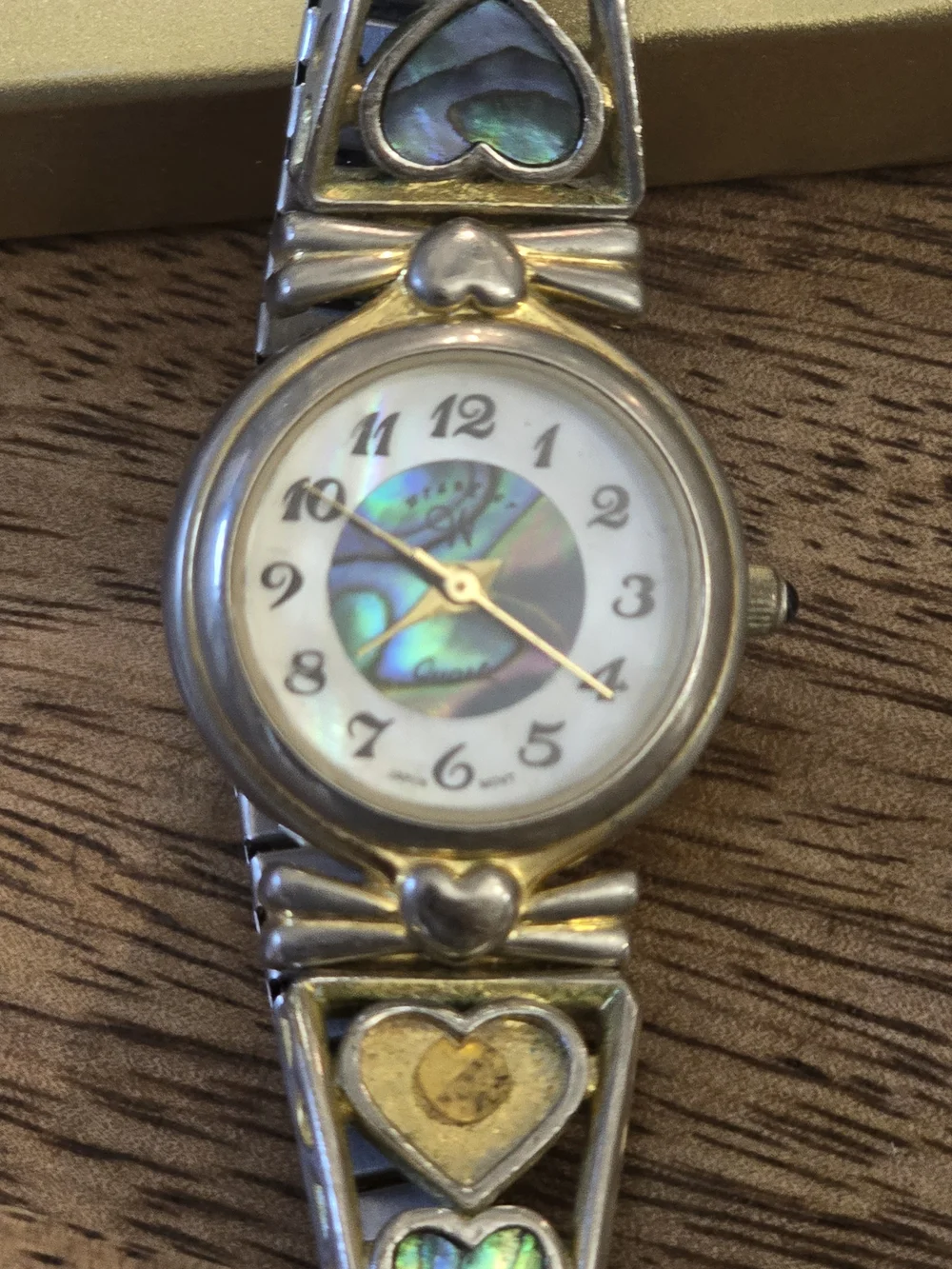 Abalone Heart Inlay Women's Bracelet Watch - Iridescent Green and Gold Accents